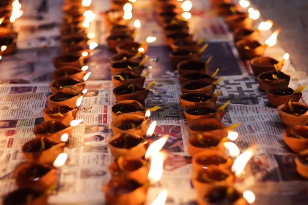 Earthen Diya Lamp Lighting Candles Occasion Diwali Sandhi Pujo — Stock Photo, Image