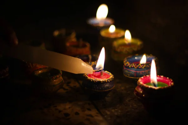 Earthen Diya Lamp Lighting Candles Occasion Diwali Sandhi Pujo — Stock Photo, Image