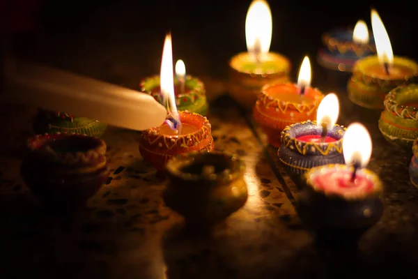 Lampe Terre Diya Éclairage Avec Des Bougies Occasion Diwali Sandhi — Photo