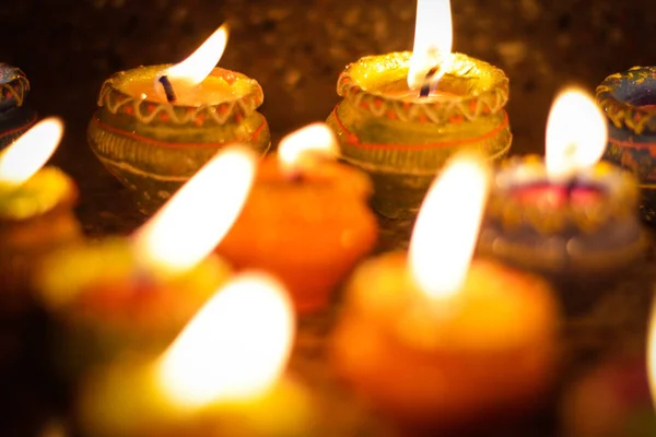 Lampada Terra Diya Illuminazione Con Candele Occasione Diwali Sandhi Pujo — Foto Stock