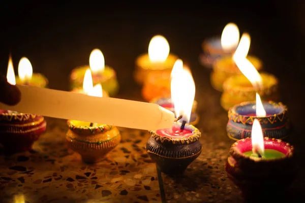 Earthen Diya Lamp Lighting Candles Occasion Diwali Sandhi Pujo — Stock Photo, Image