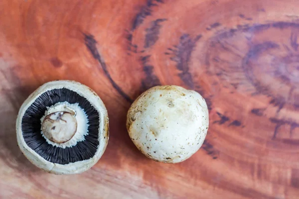 Paddestoel Een Houten Achtergrond Met Ruimte Voor Tekst — Stockfoto