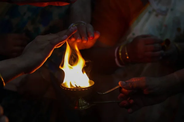 Hands Taking Warmth Divine Diya Holy Flame Hindu God Worship — Stock Photo, Image