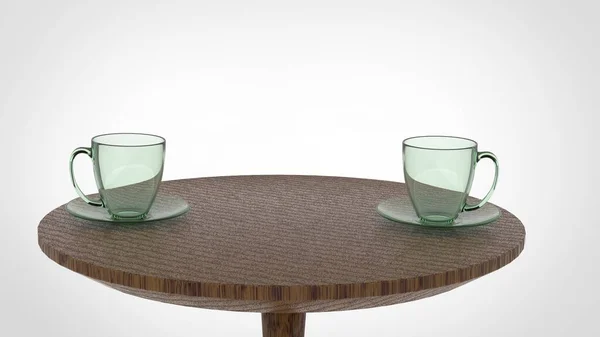 Renderização 3d de uma mesa de madeira texturizada com dois conjuntos de copo de chá de vidro e placa — Fotografia de Stock