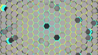 Arkaplanda mavi neon ışığı olan altıgen desenli beyaz duvarın 3D animasyonu