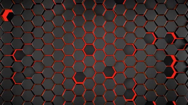 3d animatie van bewegende zwarte muur met zeshoekige patroon tegels met rood neon licht op de achtergrond 3d rendering — Stockvideo