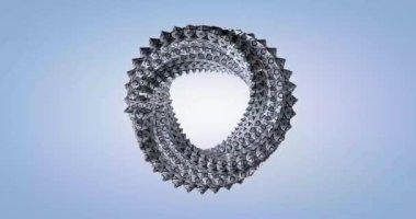 Gökyüzü mavi gradyan arkaplan ile desenli parlak dokudan oluşan bükülmüş bir sarmalın üç boyutlu soyut döngü canlandırması.