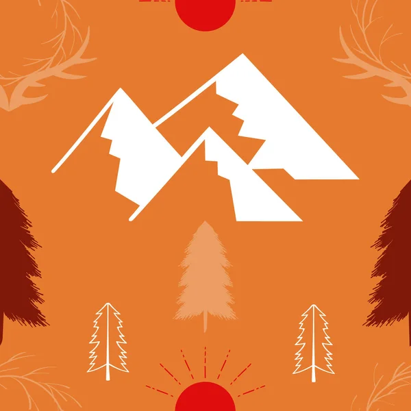 Seamless Pattern Vector Illustration Mountains Trees Horns Red Sun Orange — Stock Vector