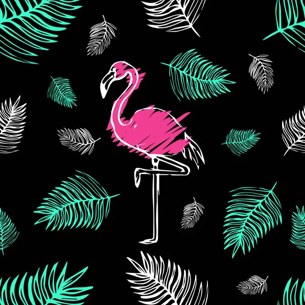 Seamless Pattern Exotic Tropical Bird Flamingo Leaves Black Background Royalty Free Stock Illustrations