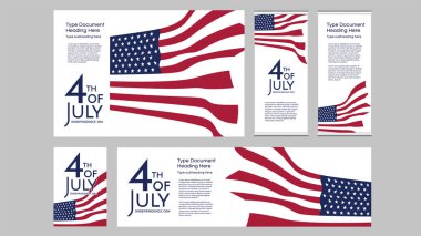 4 Temmuz Bağımsızlık Günü pankartları kuruldu. Amerikan ulusal bayrağını sallıyor. Vektör çizimi.