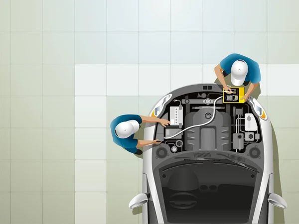 Deux Travailleurs Station Service Font Diagnostic Des Dysfonctionnements Erreur Moteur — Image vectorielle