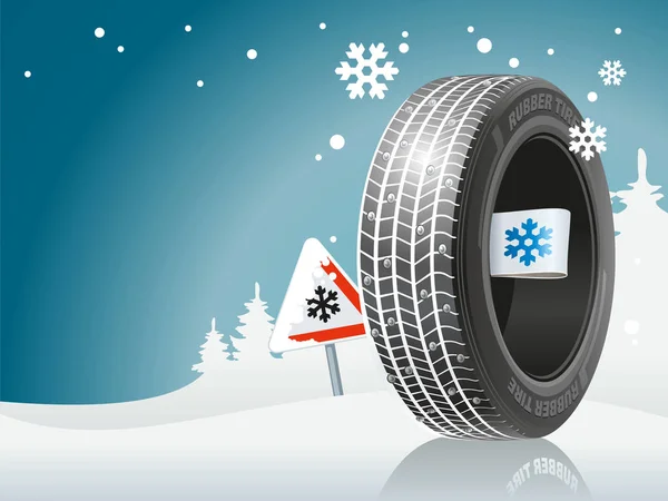 冬タイヤは冬道です 自動車のタイヤを雪と雪の道路について記号の背景 — ストックベクタ