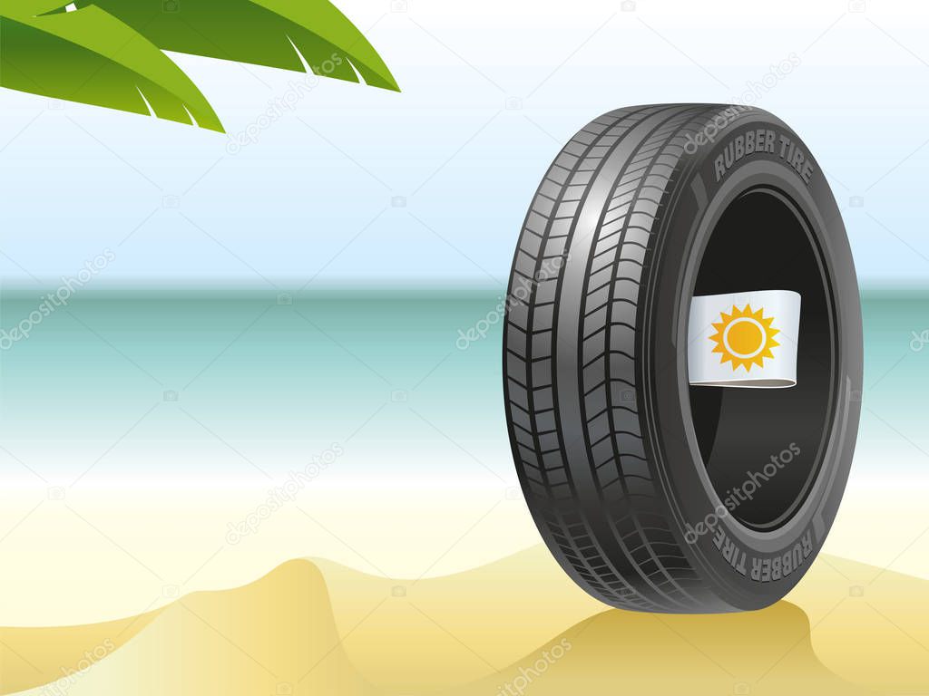 The summer tire on the hot beach is ready to tests by summer heat