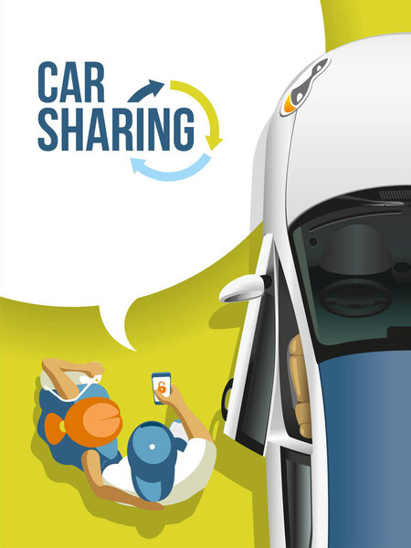 Young people found and received the free car by means of a mobile application for a car sharing. People and the car on a green background.