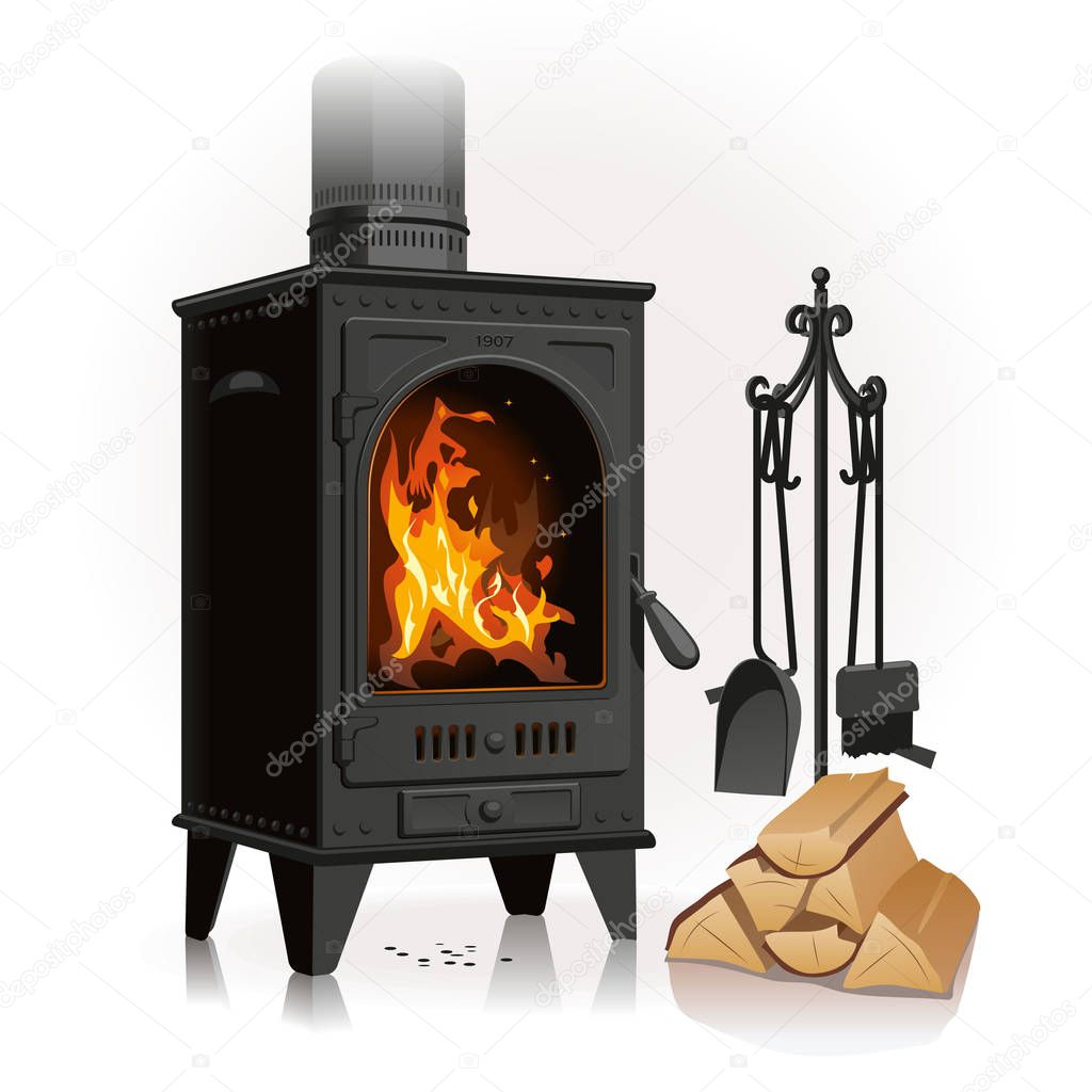 The old pig-iron fireplace pleases with a beautiful bright flame near a linking of firewood and leaving accessories.