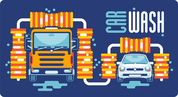 Camion et voiture à un lavage automatique de voiture — Image vectorielle