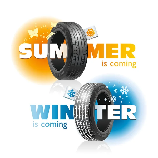 Inverno e verão estão chegando para pneus de carro —  Vetores de Stock