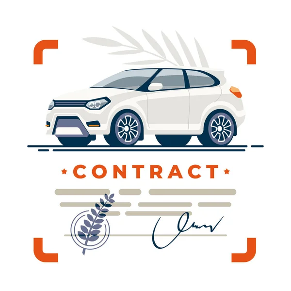 清洁的汽车交易受到附有印章和认证签名的文件合同的保护 — 图库矢量图片