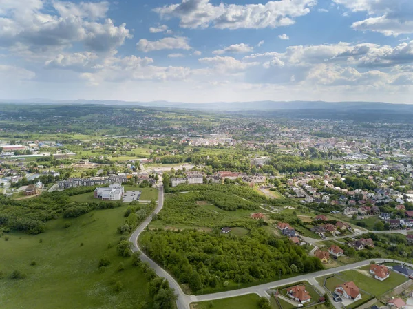 Panorama Volo Uccello Europa Centrale Città Polacca Jaslo Trova Tra — Foto Stock