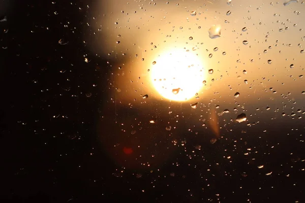Macro Photography Rain Drops Glass Blurry Background Setting Sun Texture — Stock Photo, Image