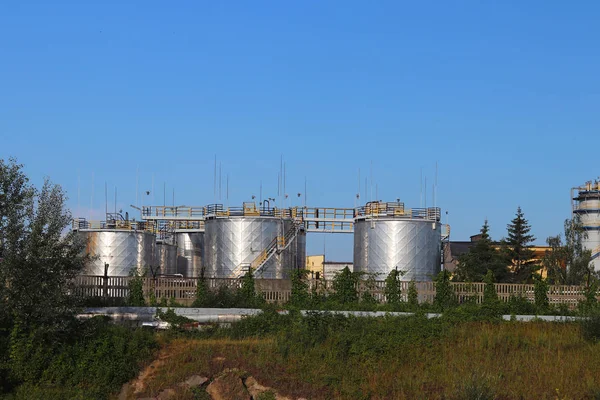 Panorama Della Raffineria Petrolio Strutture Edifici Metallo Sotto Raggi Del — Foto Stock