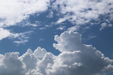 Kümülüs ve sirrus bulutlarıyla açık mavi gökyüzü. Güneşli bir hava. Neşeli bir ruh hali. Yüksek basınç. Temiz hava ekolojisi. Gaz halindeki bir su. Yağmur ve dolu kaynağı. Hava tahminleri.