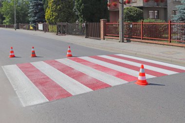 Hareketsiz değil ile çapraz dekore edilmiş yaya geçidi red kurumuş. Yol işaretleri tarafından trafik kısıtlama. Yaya yol işaretleri güncelleştirmek. Işıksaçan boya gri asfalt üzerinde. Erkekler iş başında.