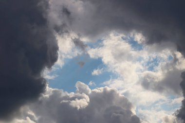 Kümülüs ve sirrus bulutlarıyla açık mavi gökyüzü. Güneşli bir hava. Neşeli bir ruh hali. Yüksek basınç. Temiz hava ekolojisi. Gaz halindeki bir su. Yağmur ve dolu kaynağı. Hava tahminleri.
