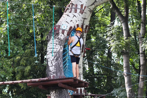 Genç Bir Paren Dişli Kaya Tırmanışı Için Bir Parkta Ağaçlara — Stok fotoğraf