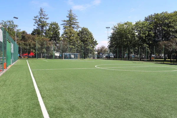 Yaslo Poland July 2018 Marking Green Artificial Football Field Grass — Stock Photo, Image