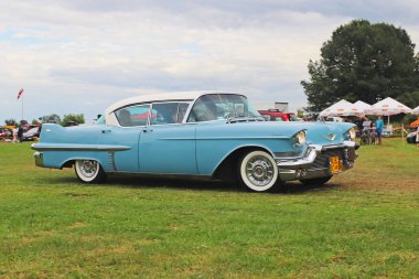 Yaslo, Polonya - 3 Temmuz 2018: mavi renk eski Amerikan klasik cadillac sürücüler throuth bir yeşil. Tampon ve şirket logosu ile arka far. Toplama ve eski arabalar restorasyonu. Amerikan rüyası