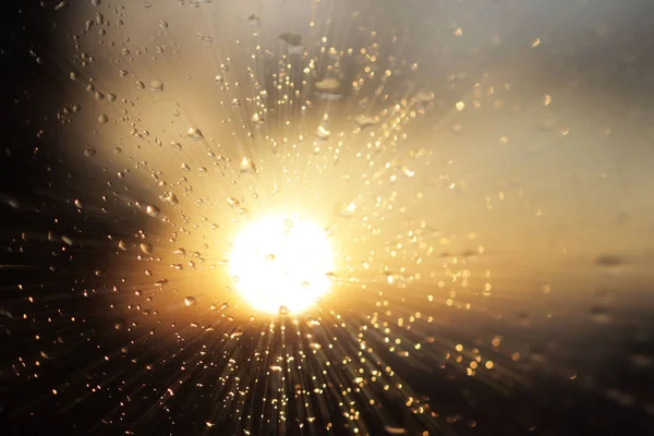 Macro Photography Rain Drops Glass Blurry Background Setting Sun Texture — Stock Photo, Image