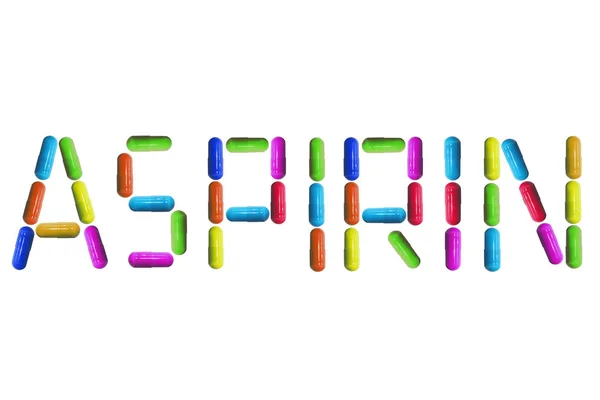 Aspirine Geïsoleerde Inscriptie Witte Achtergrond Van Multi Gekleurde Tabletten Medische — Stockfoto