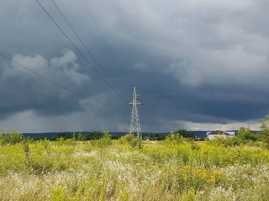Bir yaklaşan görebilsin ve elektrik hattı güneş ışınlarının yaz çayır. Hava değişikliği. Güneşli bir fırtına. Ilıman iklim doğası. Yüksek çiçekli çim yeşil tarlalarda. Elektrik temini.