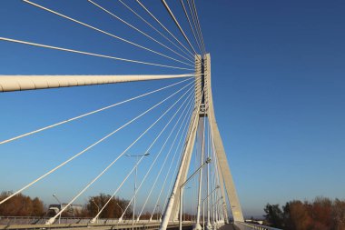 Rzeszow, Polonya - 99 2018: Wislok Nehri üzerindeki askıya alınmış yol köprüsü. Metal inşaat teknolojik yapısı. Modern mimari. Mavi arka planda beyaz bir haç şehrin bir sembolüdür..