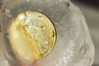 Bitcoin gold coin frozen in half in a piece of ice on a gray background. The freezing of financial assets. The fall of cryptocurrency. Cooling on the money market. Electronic payments and earnings clipart