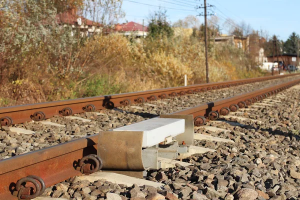 Sensor Signaling Passage Train Railway Track Activate Alarm Road Crossing — Stock Photo, Image