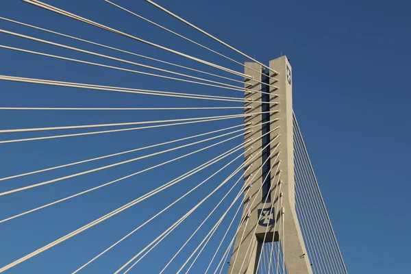 Rzeszow Polônia 2018 Ponte Rodoviária Suspensa Através Rio Wislok Estrutura — Fotografia de Stock