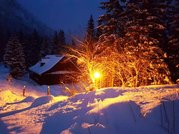 Paisaje Nocturno Casa Madera Cubierta Linterna Eléctrica Calle Aclarada Con — Foto de Stock