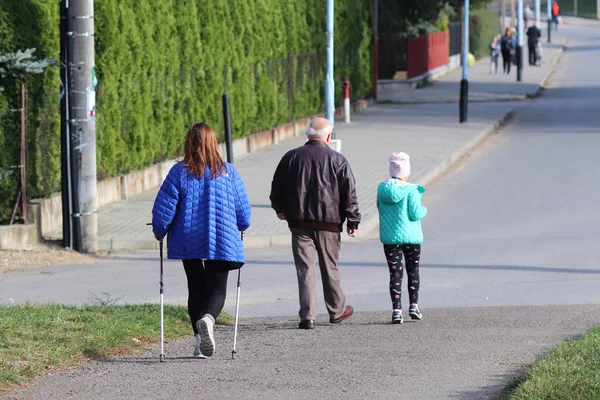 İskandinav/kuzey yürüyüşü. Bir kadında şehir yürüyüş summer'ın otların arasında güneş ışınları yoluyla. Sağlıklı bir yaşam tarzı. Spor olay. Toplum bir örnek. Yaşlı kişiler için etkinliği