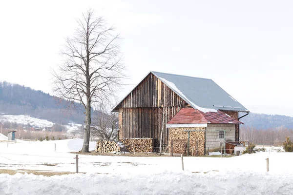 Una Pequeña Casa Unifamiliar Madera Una Zona Montañosa Durante Temporada — Foto de Stock