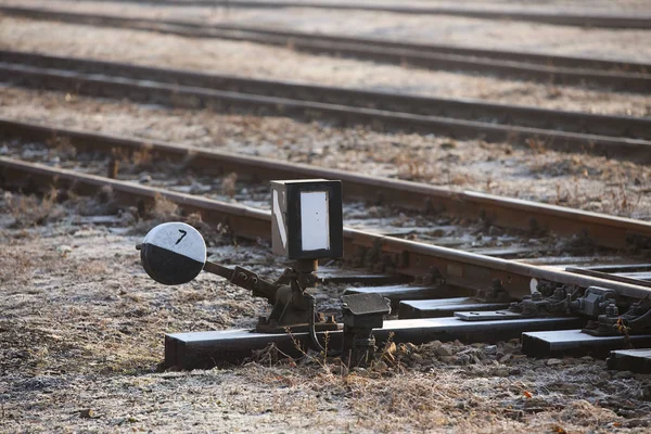 Railway Sign Permission Travel Translating Arrows Tracks Traffic Safety Trains — Stock Photo, Image