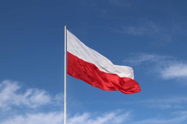 Beyaz-kırmızı yatay bayrak rüzgar hafif bulutlu mavi gökyüzü karşı gelişen bir bayrak direği üzerinde. Polonya Devlet sembolü.