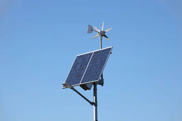 Wind Generator Solar Panel Blue Sky Photovoltaic Cells Method Obtaining — Stock Photo, Image