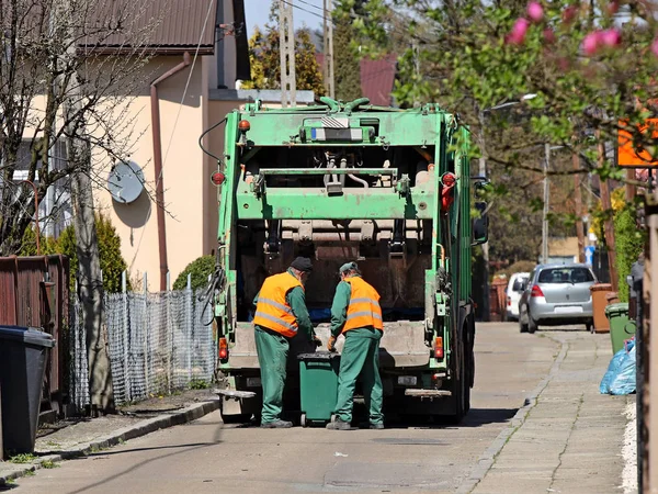 Collection and transportation of household garbage by utility workers on a flowering street. Monitoring the environmental situation in cities. Recycling human waste. Territory cleaning. Garbage remova