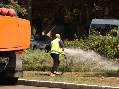 Kadın şehir geliştirme işçisi güneşli sıcak bir günde çiçeklerle yeşil bir çim su serpiştirir. Kuraklık ve yeşil alanların kurtarılmasına karşı mücadele. Dekoratif manzara ya da manzaraya özen. Su taşımacılığı