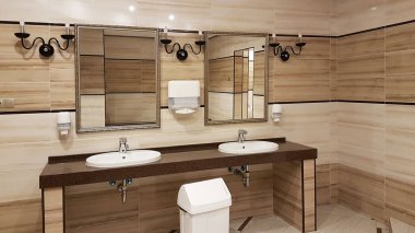 Siyah beyaz banyo iç. Yuvarlak seramik lavabo. Aynalar, plastik tabak ve krom musluk bir tuvalet sonra elleri yıkamak için sabun. Karanlık karşılıklı taşlarla Tasarla