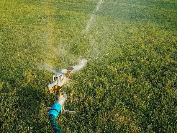 Water Spray Irrigates Green Grass Lawn Irrigation System Green Spaces — Stock Photo, Image