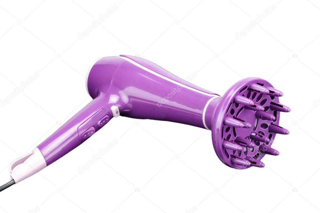 Pink hair dryer with diffuser isolated on the white background