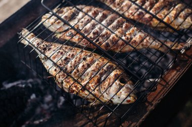 Domatesli ızgara dorado balığı, limon ve kuşkonmaz. Yemek tarifi.